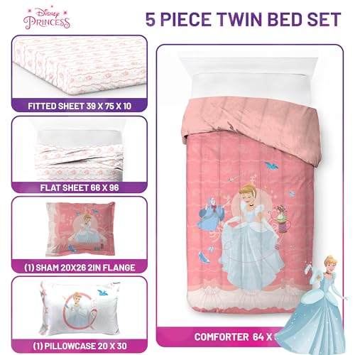 Image of Disney Princess Cinderella Twin Comforter Set 5 Piece Kids Bedding, Pink