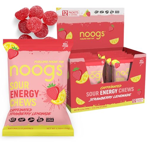 Image of Noogs Sour Energy Chews, Strawberry Lemonade Caffeinated Electrolyte Energy Gummies, 50mg Green Tea Caffeine, Sour Candy Flavored Alternative to Running Gels, Vegan & Gluten Free, 12 Pack