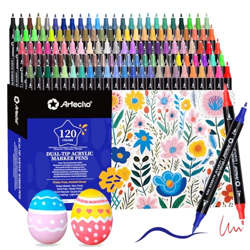 Artecho Acrylic Paint Markers 120 Colors, Acrylic Paint Pens with Brush Tip and Fine Tip for Stone, Rock Painting, Paper, Pumpkin, Wood, Egg, Canvas, Ceramic, Fabric, leather, Glass, DIY Crafts by Artecho - Used condition - US$34.30