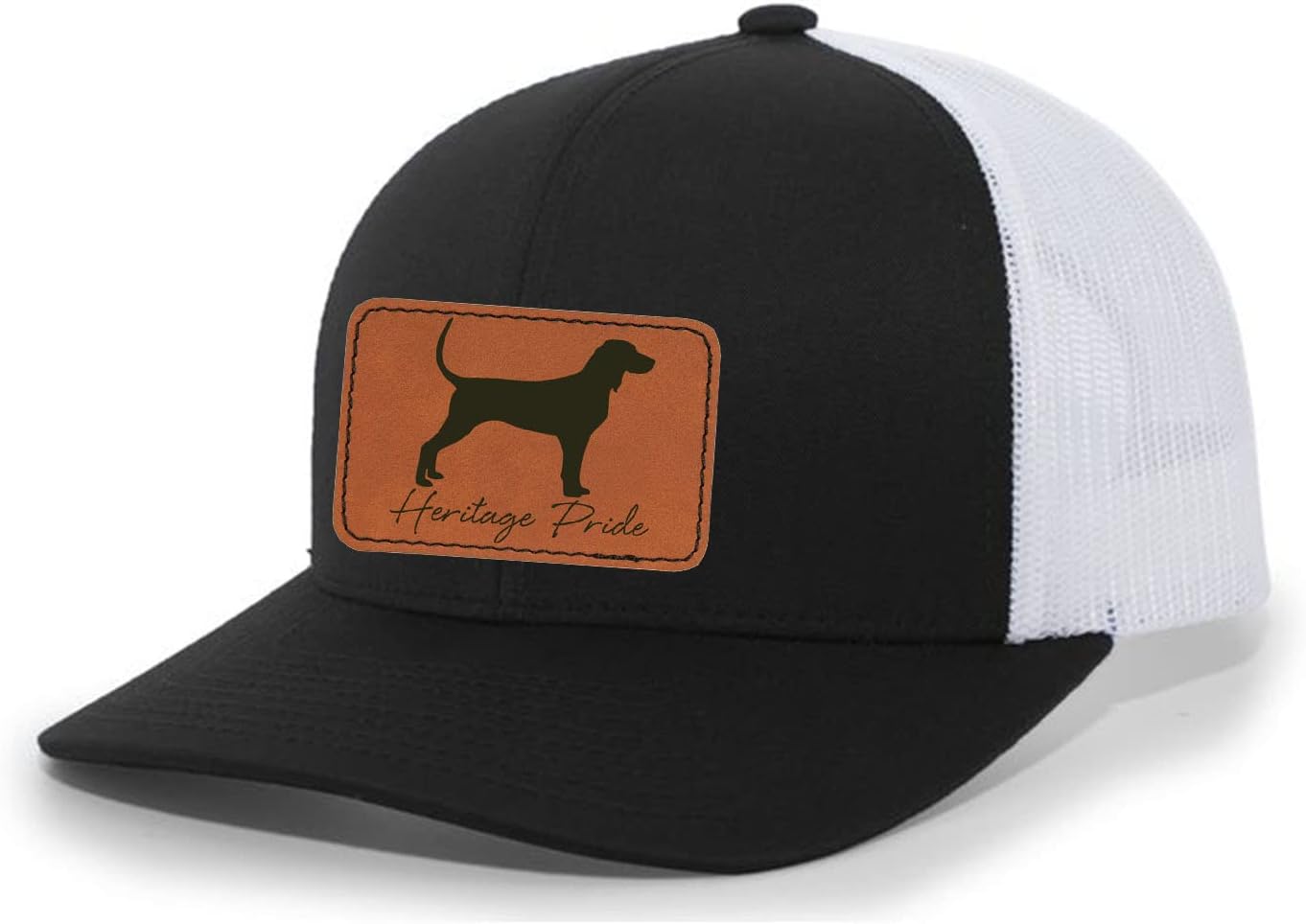Heritage Pride Canine Collection Bluetick Coonhound Hunting Dog Mens Engraved Leather Patch Mesh Back Trucker Hat