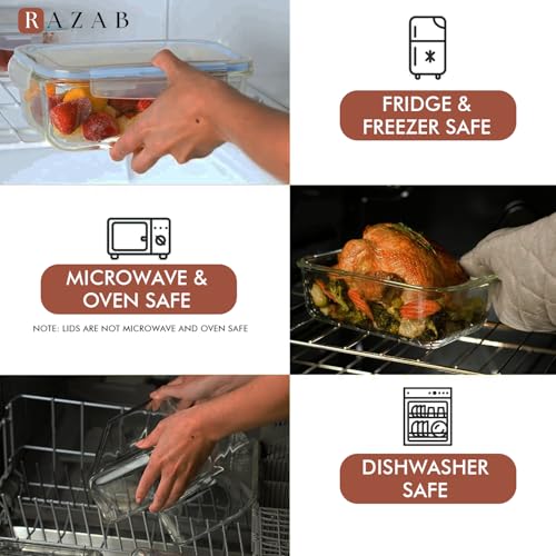 Image of Razab 4 PC 1860ml / 63 Oz / 8 Cups Large Glass Food Storage Containers with Lids - Glass Meal Prep Containers for Roasting & Storing Leftover, Lunch Container with Lids, Microwave & Oven Safe