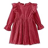 Baby Girls Vintage Lace Pom Pom Dress Flutter Long Sleeve Fairy Boho Party Princess Dresses (Red, 12-18M)