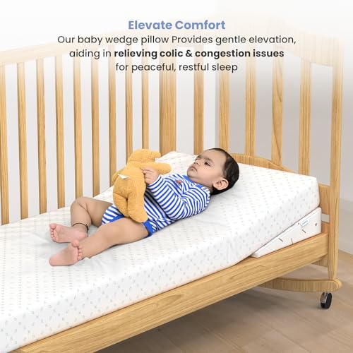 Image of Cherilo Full Size Elevated Wedge Pillow for Baby Crib & Mattress, Elevate Baby to Prevent Acid Reflux, Colic, GERD, Heat Burn, 28 inch x 14 inch x 3.5 inch - with Removable Cover - Triangle Design - White