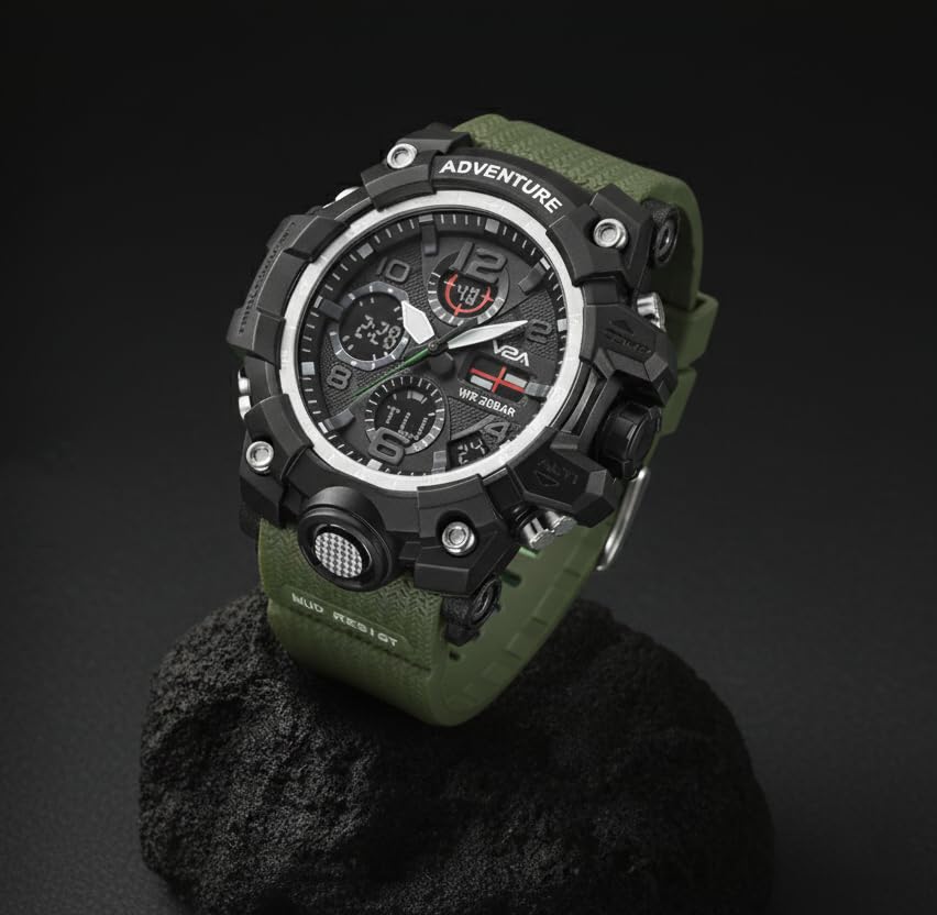 V2A Resin Military Green Chronograph Analogue And Digital Sports Watch For Men And Boys (Army Green), Black Dial, Black Band 4