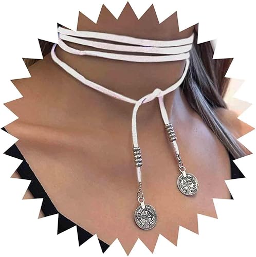 Collar largo vintage de gamuza Vagan marrón Boho cuero Wrap Gargantilla Collar de cuero disco moneda collar suéter cadena joyería para mujeres y