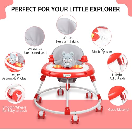 Image of JoyRide Musical Baby Walker with Adjustable Seat, Interactive Toy Bar, Foldable Design, 6-18 Months (Red)
