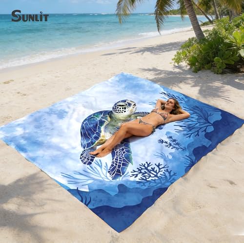 Image of Sunlit Silky Soft 81 inchx106 inch Sand Proof Beach Blanket Sand Proof Mat with Corner Pockets and Fashion Mesh Bag for Beach Party, Travel, Camping and Outdoor Music Festival, Blue Turtle and Coral
