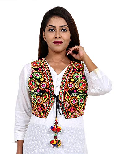 Image of Craft Trade Women's Cotton Embroidered Kutchi Jacket with Tassels Sleeveless Mirror Work