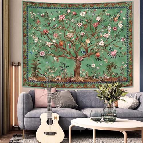 Boho Tree of LIfe Tapestry, Vintage Flower Leaves Birds Plant Animal Pattern Tapestries, Retro Indian Bohemian Aesthetic Wall Hanging Green 36×48 inch