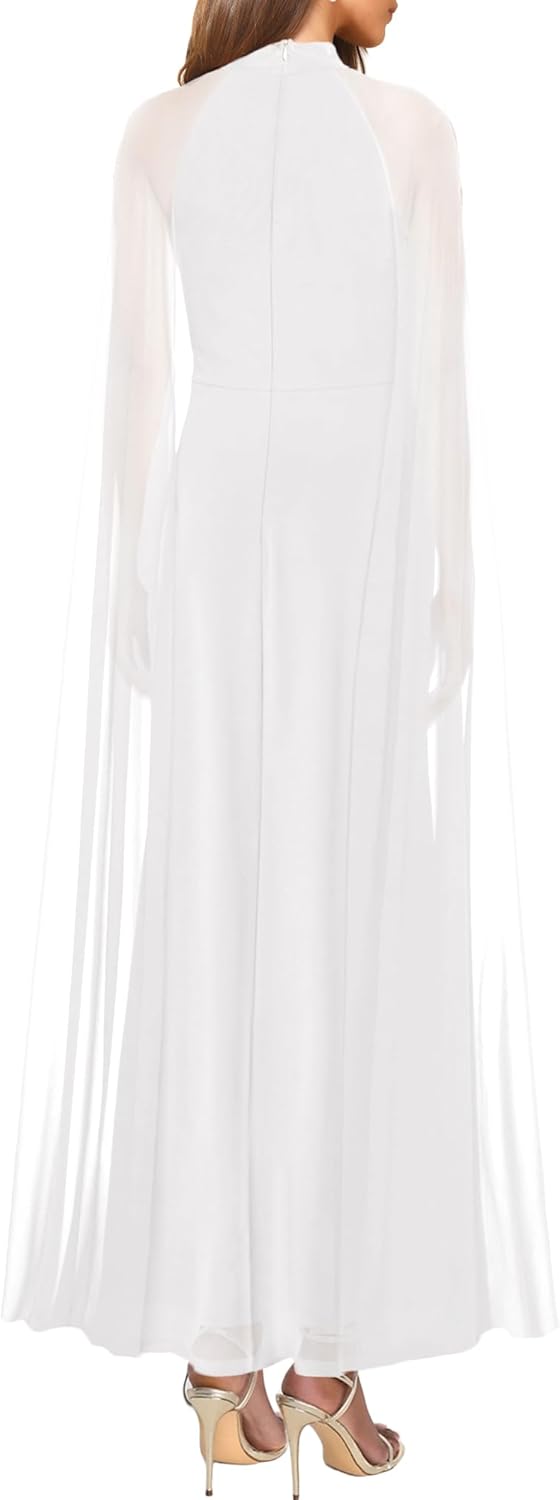 MAYFASEY Women's Elegant Long Sleeve Halter Neck Sexy Split Cocktail Evening Party A Line Maxi Long Formal Dress with Cape - Image 3