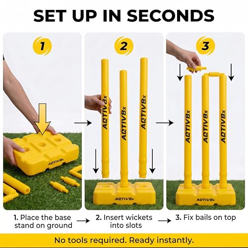Image of Plastic Cricket Wicket Set Full Size with 1 Base, 2 Bails & 3 Wickets (Yellow)