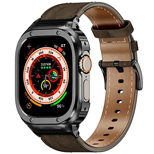 Suplink Metal Case with Leather Watch Strap Compatible Apple Watch Straps 45mm,Stainless Steel Rugged Protector Cover Bumper Genuine Leather Band for iWatch Series 8/7(Coffee/Black,45mm)