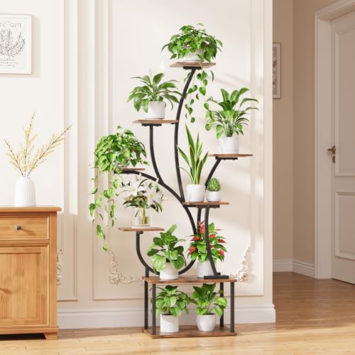 Image of Plant Stand Indoor with Grow Lights - Lighted Plant Shelf Indoor, 63 inch Tall Plant Stands for Indoor Growing, 8 Tier Corner Flower Display Shelf, Large Tree-Shaped Holder for Living Room Bedroom Black