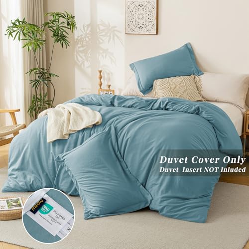Image of MILDLY Duvet Cover Full Ultra Soft Comforter Cover Set 3pcs, Blue | Washed Microfiber Cotton-Like, Breathable Comfort, Hidden Zipper, Corner Ties, OEKO-TEX Certified, Fade Resistant