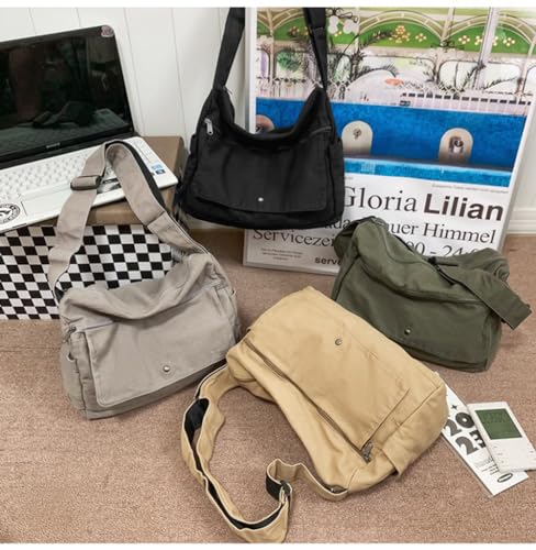 Image of Cotton Tote Handbag Women Canvas Crossbody Beach Bag Hobo Shoulder Tote Bag with 3 External Pocket,Zipper Closure