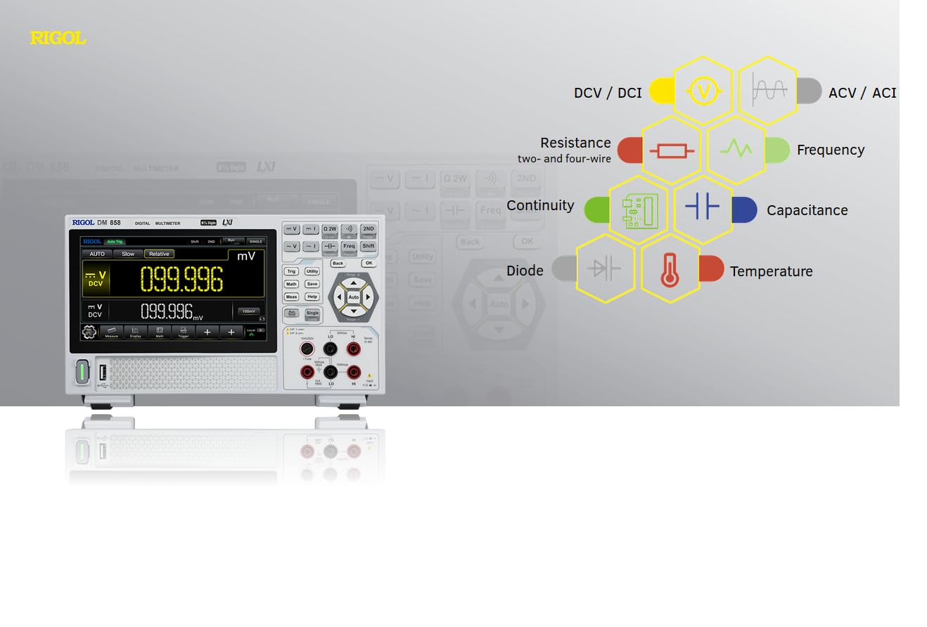 RIGOL DM858E Multímetro digital portátil, TRMS de 5½ bits, precisión DCV del 0,06%, velocidad de lectura de 80 lecturas/s, pantalla táctil a color de 7 pulgadas