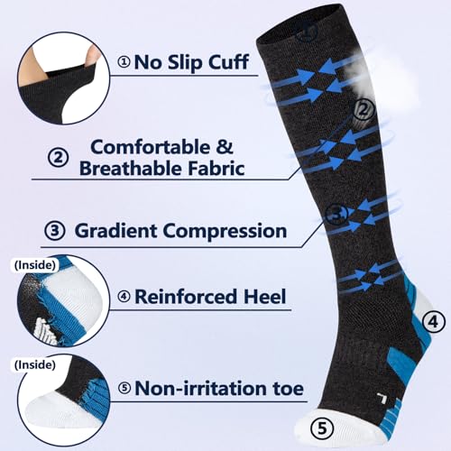 Image of +MD Cotton Compression Socks for Women & Men 4 /6 Pairs 15-20mmHg Knee High for Sports, Travel, Nursing Long Sitting Standing