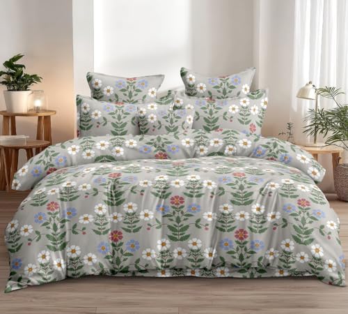 Image of DECOMIZER 240 TC Microfiber Soft Cotton Printed Single Bed Bedsheet for Diwan Bed, Size 60 Inches X 90 Inches, 152 X 230 cm with 1 Large Size Pillow Covers - GreyLeafFlower
