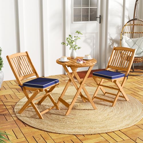 Image of Tangkula 3 Pieces Acacia Wood Patio Folding Bistro Set, Outdoor Table and Chairs Set with Soft Cushions, Patio Furniture Set for Porch, Balcony, Garden, Deck and Backyard