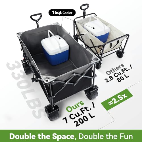Hikenture Collapsible Wagon Cart, 330lbs Capacity Beach Wagons with Big Wheels for Sand, Heavy Duty Foldable Cart with Brakes, Portable Utility Folding Garden Cart for Outdoor - Thumbnail 2
