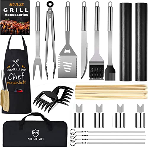 MUJUZE Grillbesteck Set,21teilig Professionelle Grill zubehör für Männer Geschenk,gasgrill zubehör set im Koffer,Grillkoffer mit Grillschürze,Grillmatten,Grillzange, BBQ Grillset zubehör aus Edelstahl