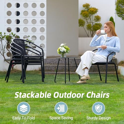 Image of Amopatio Outdoor Dining Chairs Set of 4, Stackable Patio Chairs, Rattan Wicker Patio Chairs Set of 4, for Porch, Deck, Garden, Yard, Poolside, Bistro, Restaurant, Black