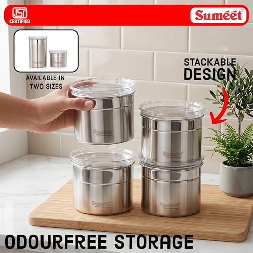 Image of Sumeet ISI Certified Stainless Steel Small Canisters /Dabba /Storage Containers for Kitchen with See Through Air Tight Lid - Set of 4 Pcs - 550ml, 10cm Dia, Silver