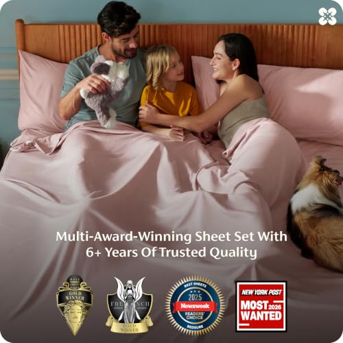 Image of Bedsure California King Sheet Sets, Cooling Sheets for Hot Sleepers, Rayon Derived from Bamboo, PureWoven, Breathable & Soft, Deep Pocket Up to 16 Inches, Hotel Luxury Silky Bedding, Pink
