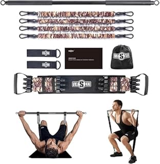 INNSTAR Portable Home Gym Set with Workout Bar, Bench Press Set, Squat Resistance Band, Door Anchor and More-Full Body Workout Equipment to Build Muscle and Shape Body (Camo Brown-200lbs)