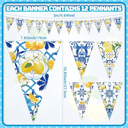 Image of Faccito 5 Pcs Blue Tiles Lemon Pennant Banners Amalfi Coast Party Decorations Italian Theme Blue Tiles Yellow Lemon Triangle Flags Summer Lemonade Decor for Wedding Bridal Shower Birthday Supplies