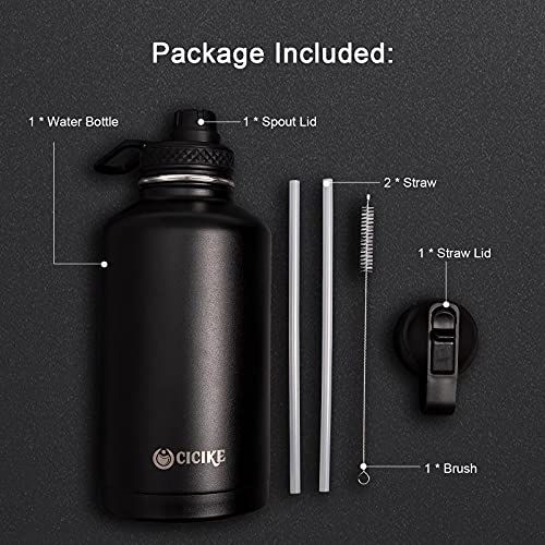 Cicike Stainless Steel Water Bottle 64 Oz With 2 Lid (Spout Lid+Straw Lid), Half Gallon Water Jug, Keep Water Cold For 48 Hours And Hot For 24, Stainless Steel Growler, Large Water Bottle With Straw #TOP6