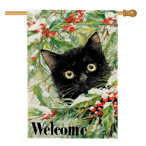 Bandera de casa de gato, bayas de acebo de invierno, arpillera verde de doble cara, bandera de jardín grande para exteriores, césped, patio, entrada, 28 x 40 pulgadas