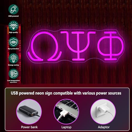 Image of 16in Psi Phi Fraternity Neon Sign, USB Dimmable Greek Lettering Psi Phi Neon Light Up Sign for Man Cave Bar Office Decor Omega Holiday Gifts