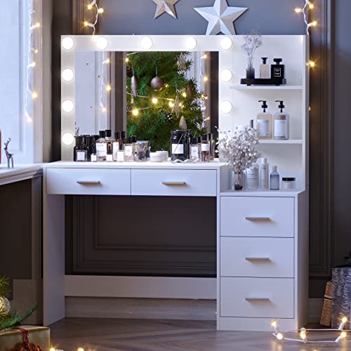 Image of Rovaurx 46.7 inch Makeup Vanity Table with Lighted Mirror, Large Vanity Desk with Storage Shelf & 5 Drawers, Bedroom Dressing Table, 11 LED Lights, White