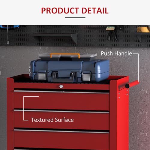 HOMCOM 5 Drawer Tool Box, Lockable Steel Tool Chest on Wheels, Rolling Chest Cabinet with 5 Drawers and Handle for Workshop, Garage, Red 6 HOMCOM 5 Drawer Tool Box, Lockable Steel Tool Chest on Wheels, Rolling Chest Cabinet with 5 Drawers and Handle for Workshop, Garage, Red - Image 6