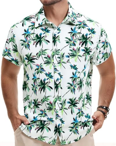 TUNEVUSE Mens Hawaiian Short Sleeve Shirt Button Down Tropical Floral Beach Vacation Shirt