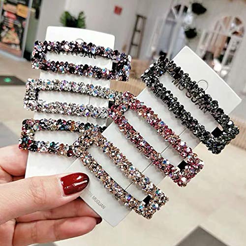 Rectangle Sparkly AB Crystal Hair Clips Fashion Large Hair Barrettes Wedding Decorative Bling Czech Diamond Hairpins Handmade Rhinestone Snap Clips for Women Girls (6 Colors / 6 Pcs)