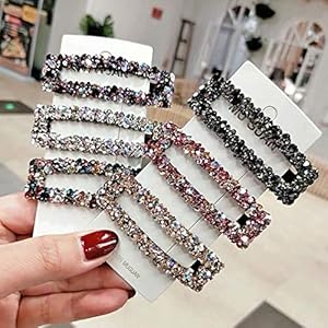 Rectangle Sparkly AB Crystal Hair Clips Fashion Large Hair Barrettes Wedding Decorative Bling Czech Diamond Hairpins Handmade Rhinestone Snap Clips for Women Girls (6 Colors / 6 Pcs)