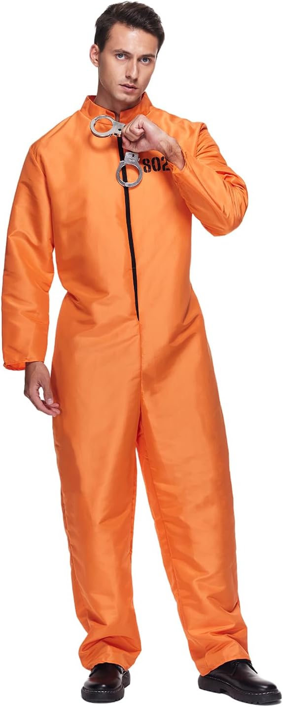 EraSpooky Men Prisoner Costume Halloween Orange Jumpsuit Adult Jailbird Escaped Inmate Suit - Image 4