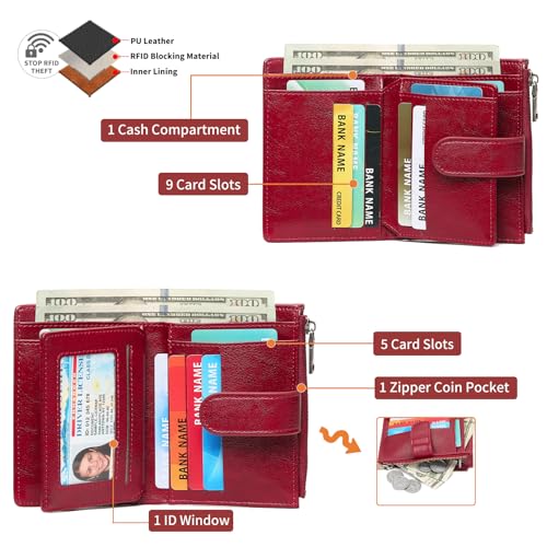 GAEKEAO Womens Wallet Small Leather RFID Blocking Bifold Zipper Pocket Wallet Card Case Purse with ID Window2