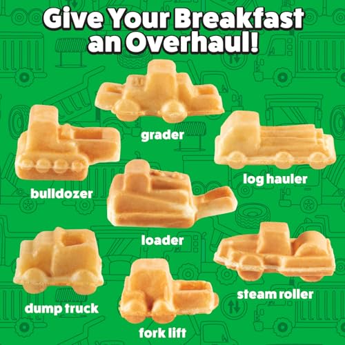 Construction Trucks Mini Waffle Maker- Make 7 Different 3D Vehicle Shaped Pancakes Feat a Bulldozer Forklift & More- Electric Nonstick Pan Cake Car Waffler Iron w Recipe Guide, Fun Kids Treat or Gift