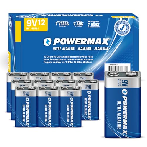 Powermax 12-Count 9V Batteries Ultra Long Lasting Alkaline Battery for Home and Office 7-Year Shelf Life Reclosable Packaging