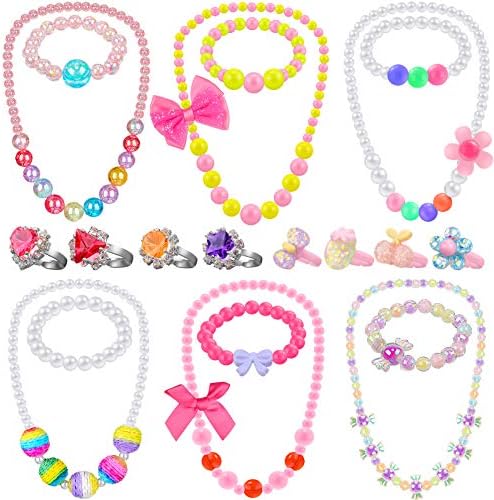 6 Sets Play Jewelry for Little Girls Princess Necklace Bracelet Set Includes Kid Beaded Necklace Bracelet with 8 Rings for Toddler Christmas Birthday Party Favors Cosplay(Colored Ball, Bowknot Style)