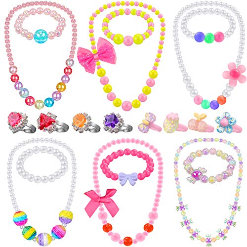 6 Sets Play Jewelry For Little Girls Princess Necklace Bracelet Set Includes Kid Beaded Necklace Bracelet With 8 Rings For Toddler Christmas Birthday Party Favors Cosplay(Colored Ball, Bowknot Style) #TOP11