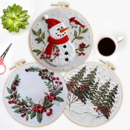 Image of LB Red Christmas Embroidery Kit for Beginners Adults, 3 Sets Hand Embroidery Starter Kit with Cute Snowman and Instructions Stamped Cross Stitch Kits Include Embroidery Hoop Needles Threads Scissors