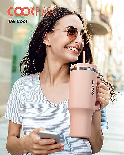 Image of Coolflask 40 oz Pink Insulated Tumbler With Handle, Lid and Straw - Stainless Steel Vacuum Travel Mug for Cup Holder, Keeps Cold for 24 Hrs /Hot for 12 Hrs