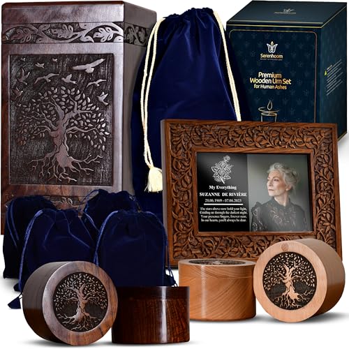 SERENHOOM Handcrafted Wooden Urn Set – Large urn for ashes adult male (Up to 250 lbs) + 4 small urns for human ashes | Personalized Wooden urns for human ashes adult, Elegant Memorial for Adults.