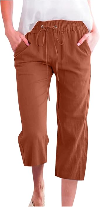 Bengbobar Women Casual Solid Cotton Linen Capri Pants Drawstring Straight Leg High Waist Soft Work Lounge Trousers