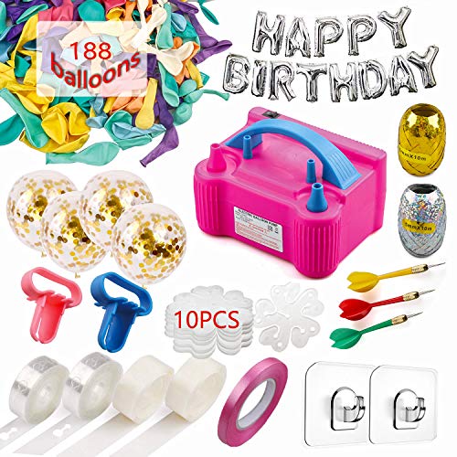 214 Pcs Balloon Pump Set- Electric Air Balloon Blower Pump, Balloon Inflator 110V 600W Portable Dual Nozzles - Balloon Decorating Strip Kit for Arch Garland + 32Ft Balloon Tape Strip, 2 Tying Tool, 200 Dot Glue, 10 Ballon Flower Clip, 3 Rolls Colored Ribbon, 2 Hooks, 3 Darts for Party Wedding Birthday Xmas Baby Shower DIY