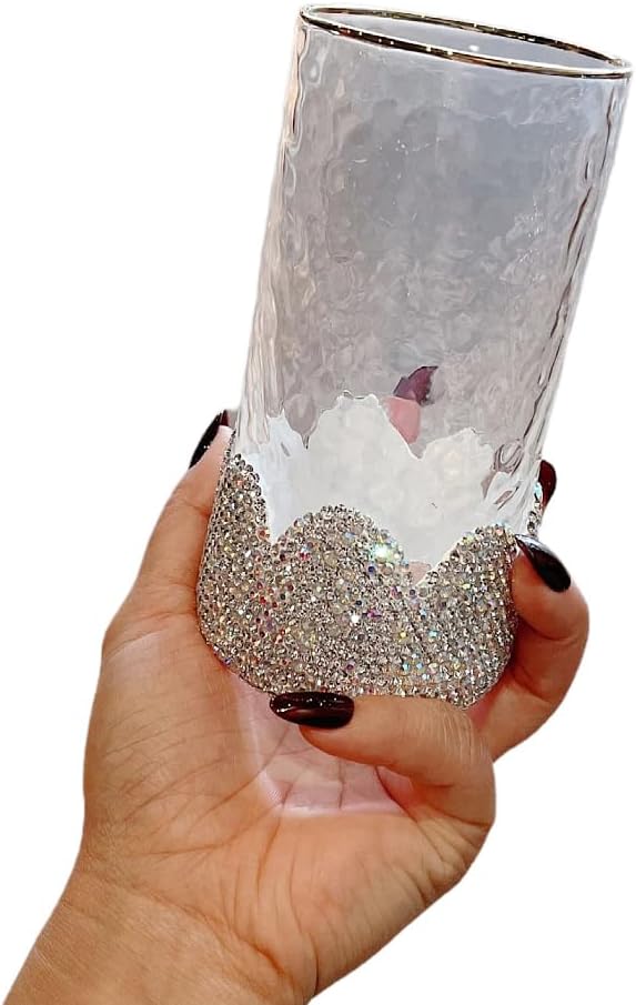 Luxury Bling Elegant Gold Trimmed Glass Cup Sparkling Water Cup 300ml Lead-Free Transparent Tea and Juice Glass Cup (Silver)